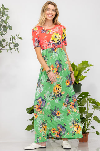 Full Size Printed Round Neck Short Sleeve Maxi Dress