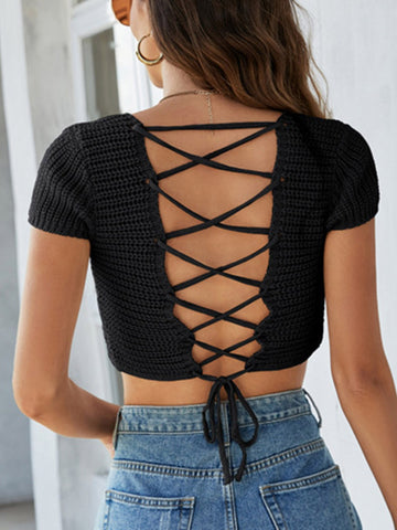 Lace-Up  Square Neck Sweater