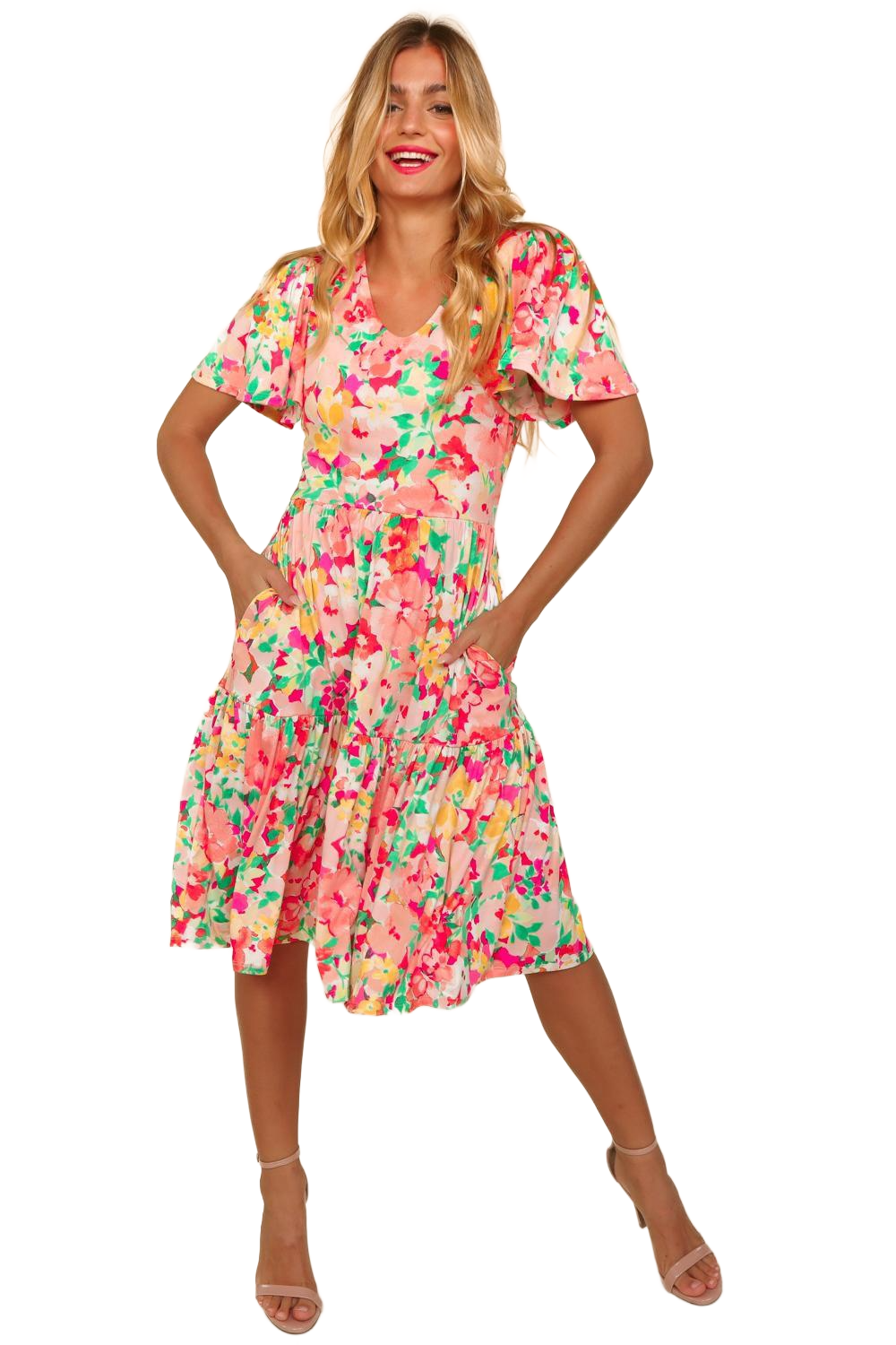 Tiered Floral Midi Dress with Pockets