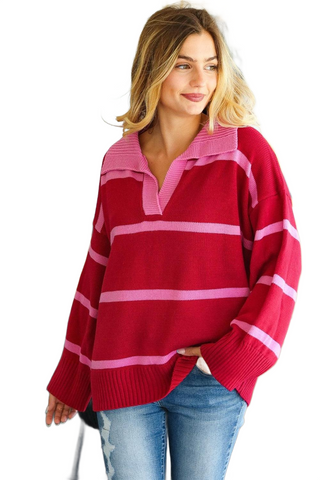 Collared Neck Striped Contrast Sweater