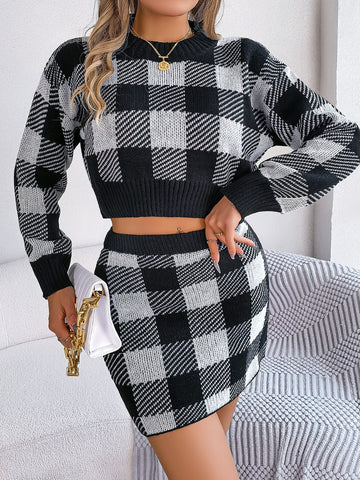 Plaid Round Neck Top and Skirt Sweater Set