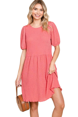 Full Size Textured Round Neck Puff Sleeve Dress