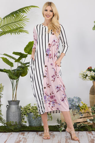 Full Size Floral Striped Contrast Midi-Dress with Pockets