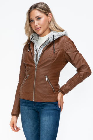 PMI Faux Layered Double-Zipper Jacket with Fuzzy Hood