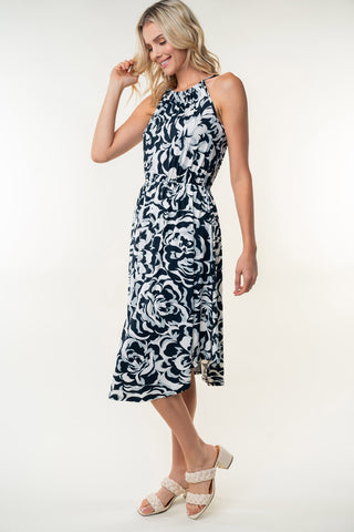 Tied Ruched Floral Sleeveless Knee Length Dress