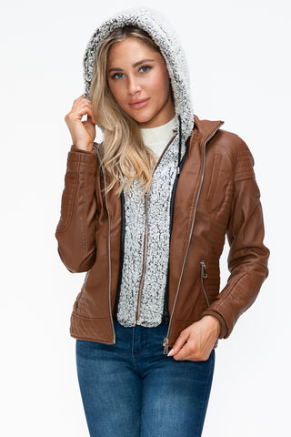 PMI Faux Layered Double-Zipper Jacket with Fuzzy Hood