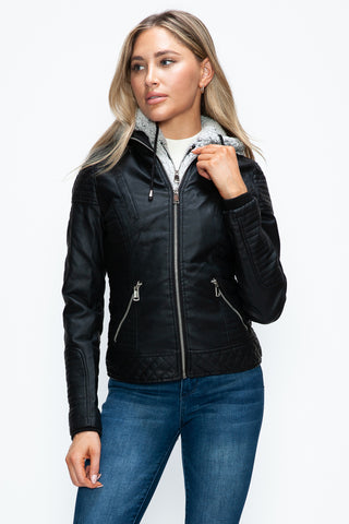 PMI Faux Layered Double-Zipper Jacket with Fuzzy Hood