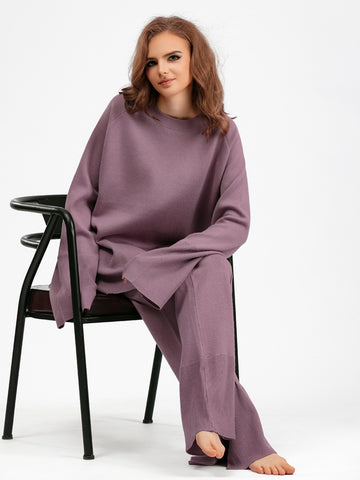 Basic Be Slit Round Neck Long Sleeve Top and Drawstring Pants Sweater Set