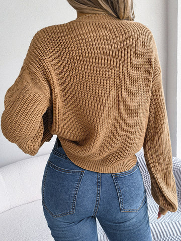 Cable-Knit Round Neck Drop Shoulder Sweater