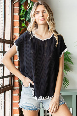 Full Size Contrast Wavy Crochet Drop Shoulder Knit Top