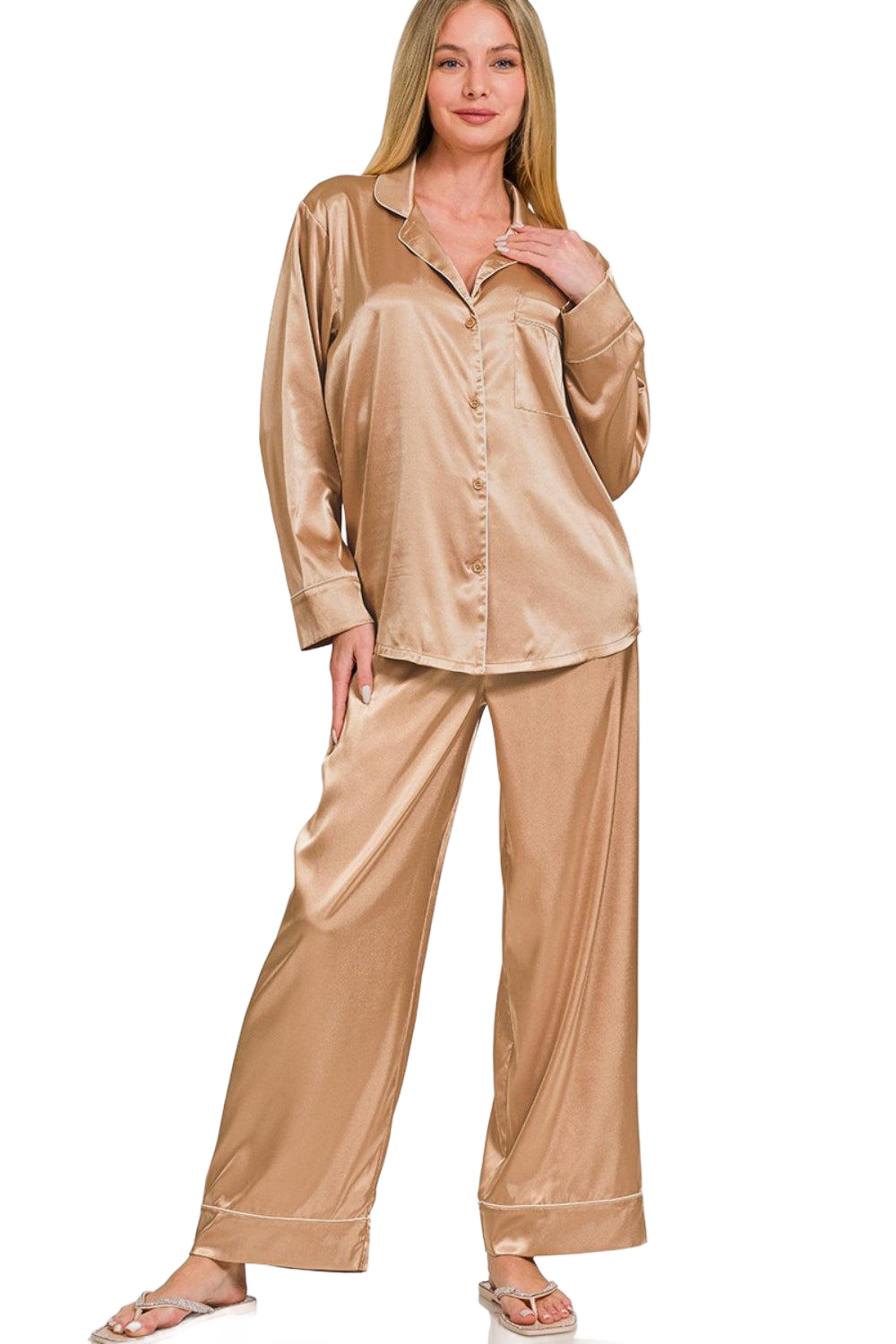 Satin Long Sleeve Shirt and Pants Pajama Set