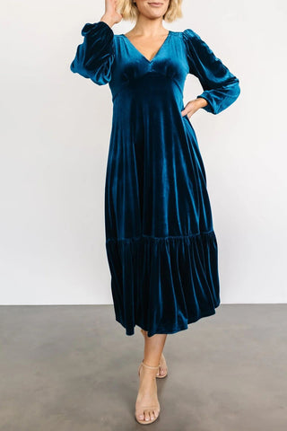 V-Neck Long Sleeve Midi Velvet Dress