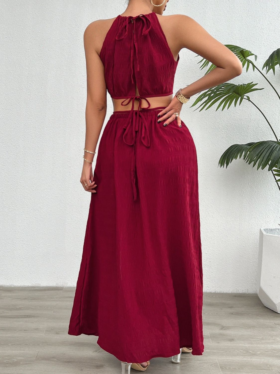 Grecian Neck Top and Slit Skirt Set