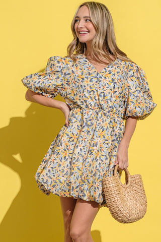 Full Size Floral Surplice Puff Sleeve Dress