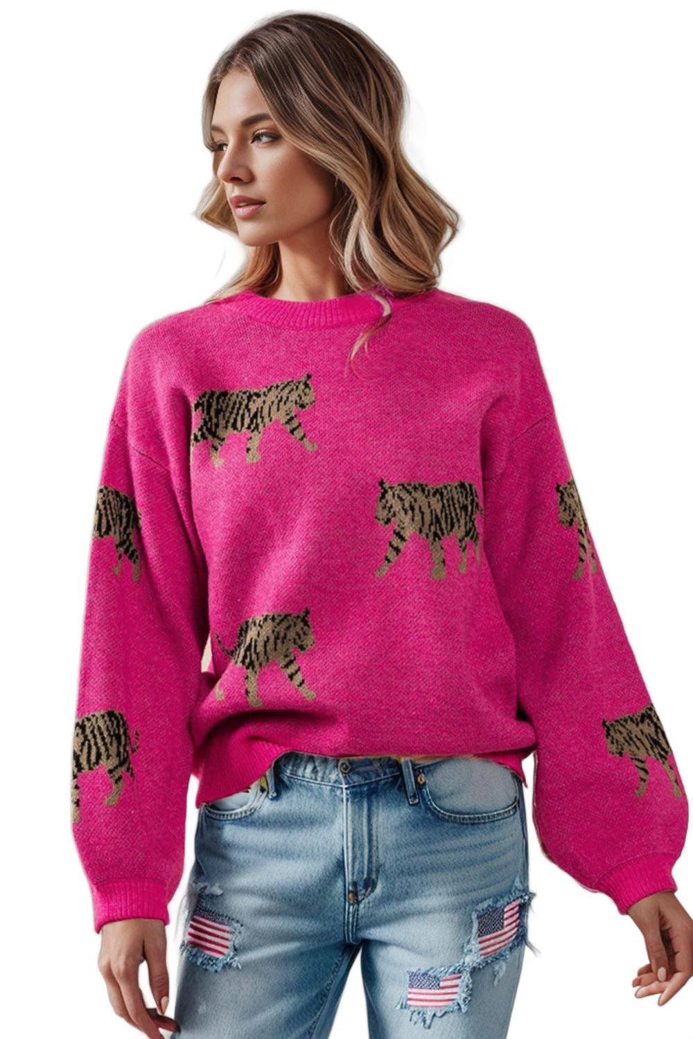 Tiger Pattern Round Neck Drop Shoulder Sweater