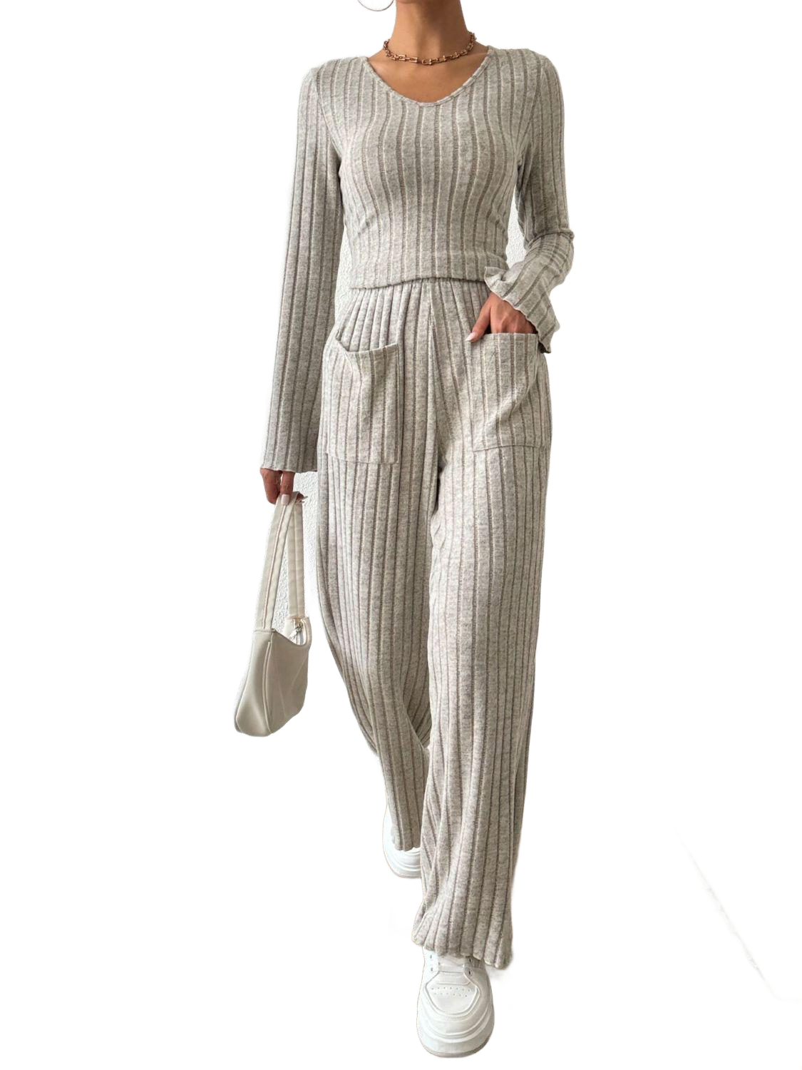 Ribbed V-Neck Long Sleeve Top and Pocketed Pants Set