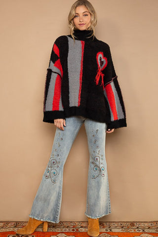 Turtleneck Color Block Fringe Detail Sweater