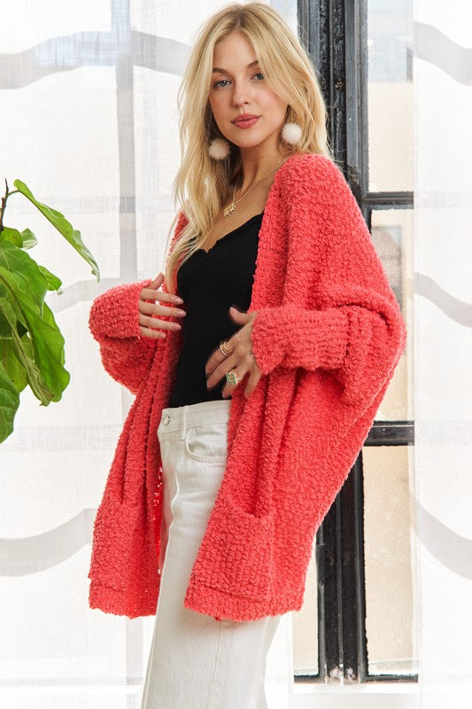 Popcorn Knit Open Front Long Sleeve Cardigan