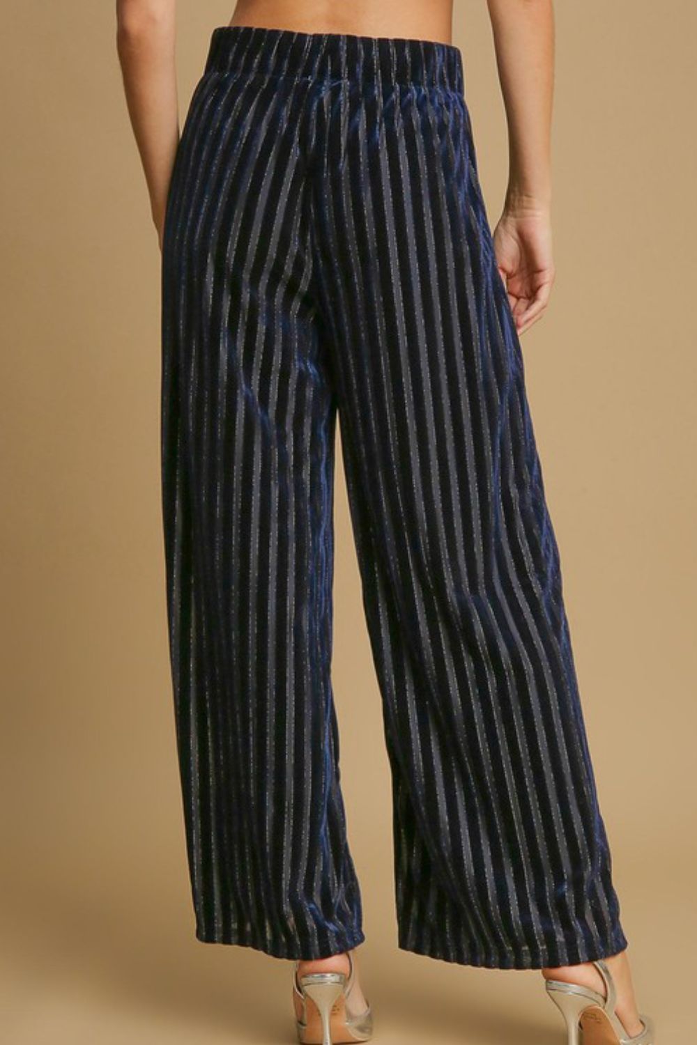 Full Size Elastic Waist Striped Wide Leg Velvet Pants