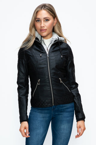 PMI Faux Layered Double-Zipper Jacket with Fuzzy Hood