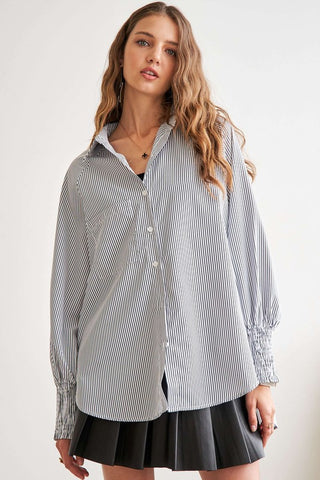 ADORAL High-Low Striped Button Down Smocked Lantern Sleeve Shirt