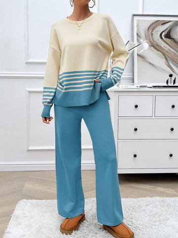 Slit Striped Round Neck Top and Pants Sweater Set