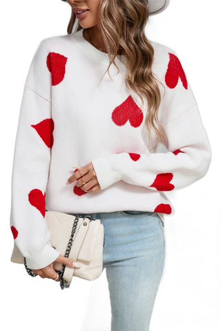 Heart Round Neck Dropped Shoulder Sweater