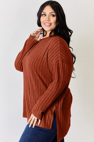 Full Size Ribbed Half Button Long Sleeve High-Low T-Shirt