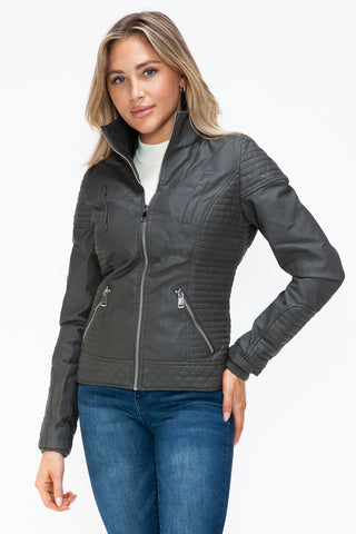 PMI Faux Layered Double-Zipper Jacket with Fuzzy Hood