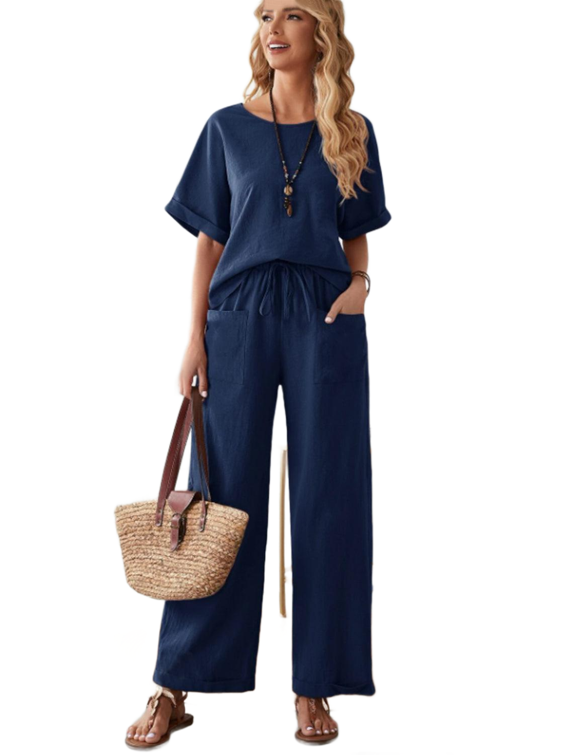 Round Neck Half Sleeve Top and Pocketed Pants Set