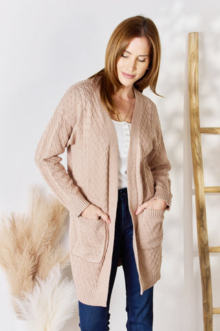 Full Size Cable-Knit Pocketed Cardigan