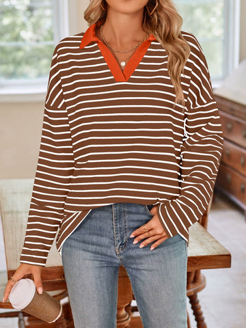 Striped Johnny Collar Long Sleeve T-Shirt