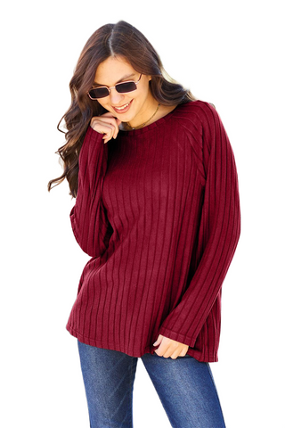 Full Size Ribbed Round Neck Long Sleeve Knit Top