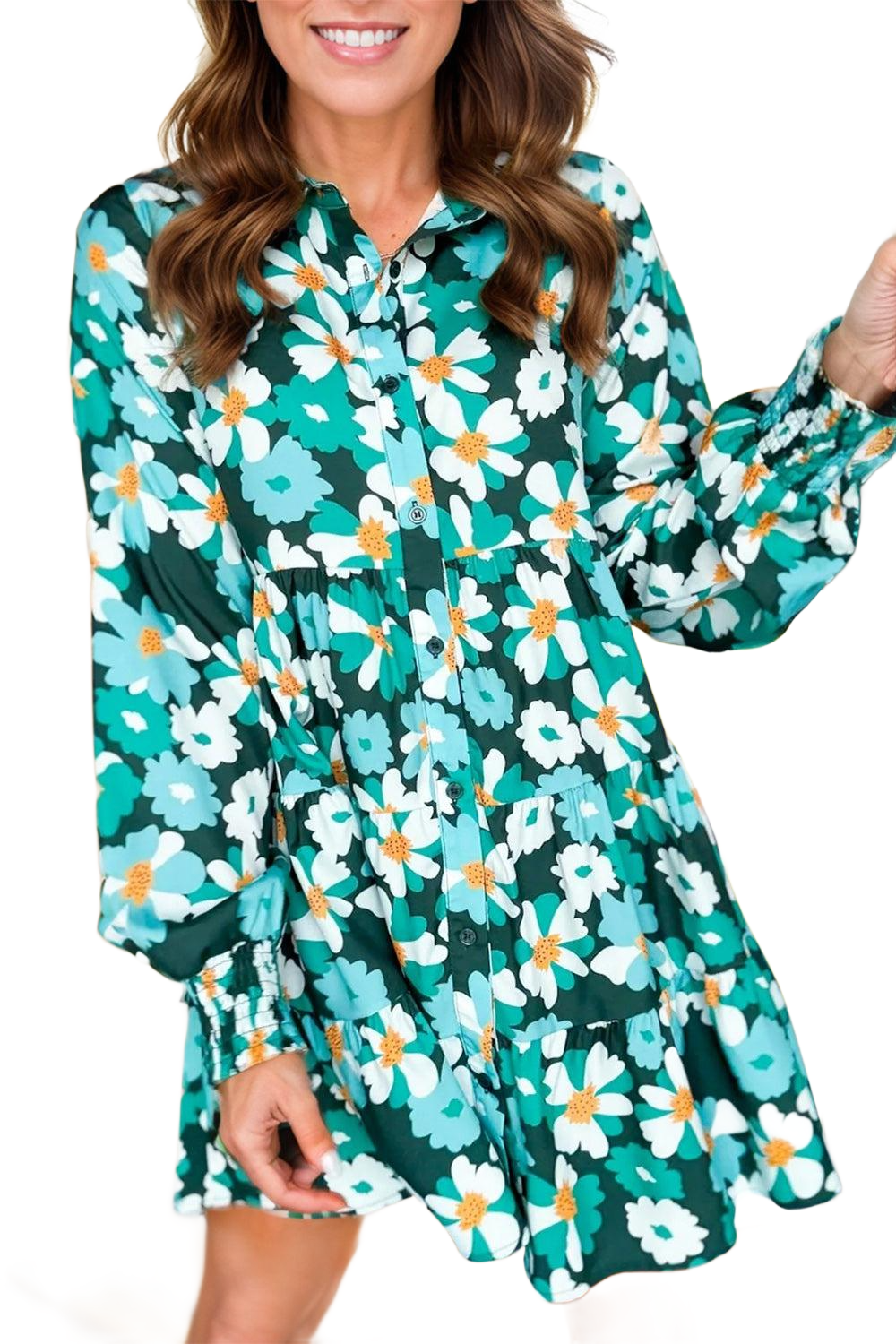 Printed Collared Neck Lantern Sleeve Mini Dress