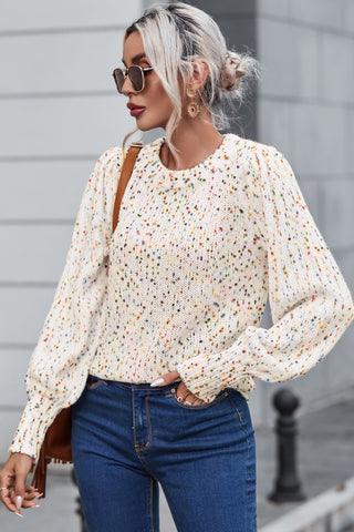 Feathered Round Neck Lantern Sleeve Sweater