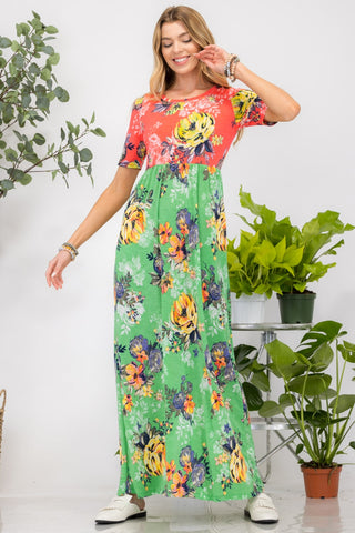 Full Size Printed Round Neck Short Sleeve Maxi Dress