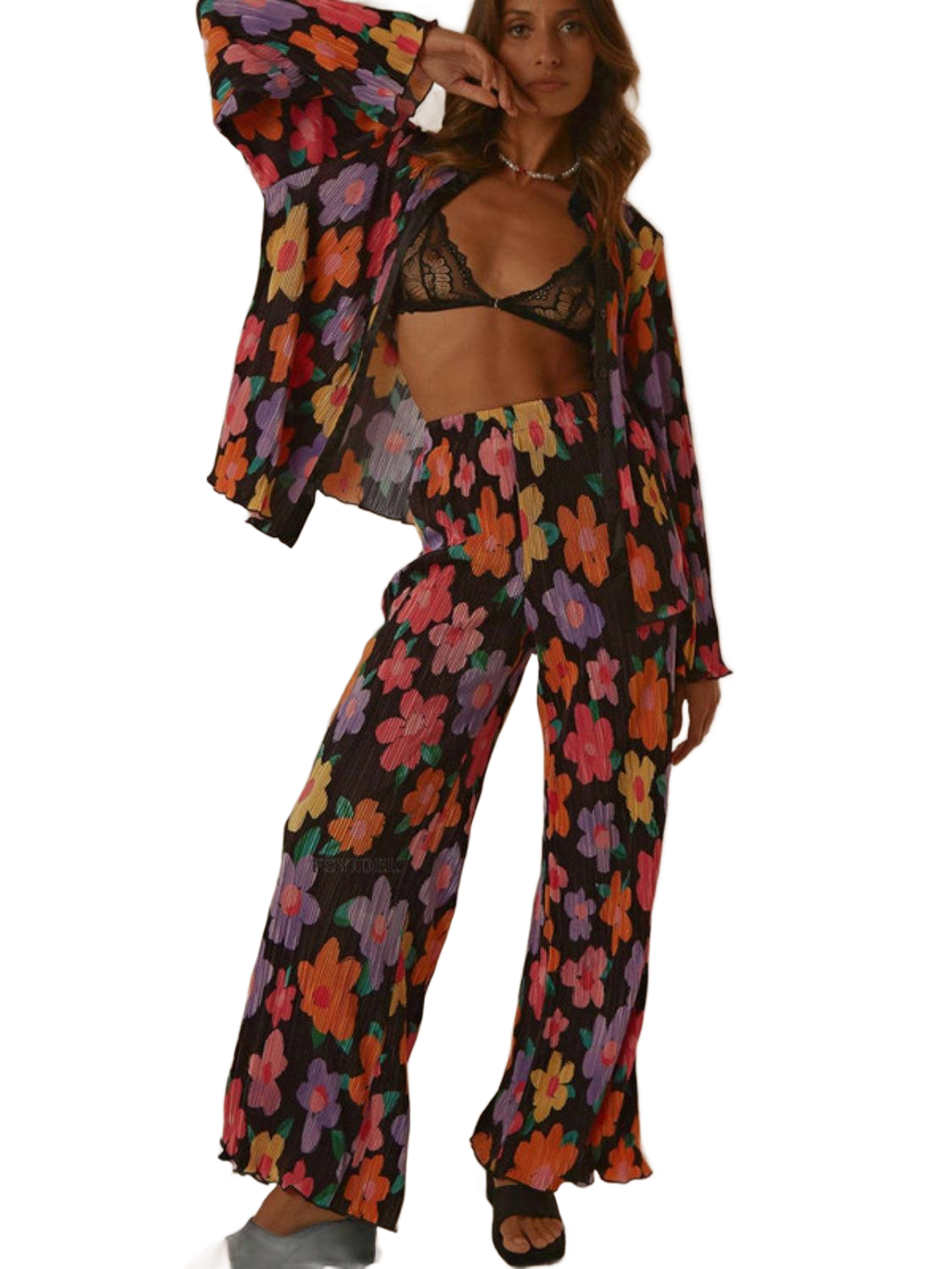 Printed Collared Neck Long Sleeve Top and Pants Lounge Set