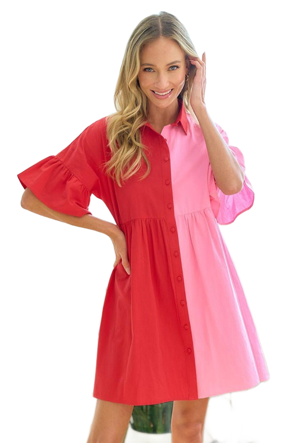 Full Size Color Blocked Button Down Baby doll Dress