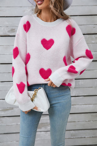 Heart Round Neck Long Sleeve Sweater