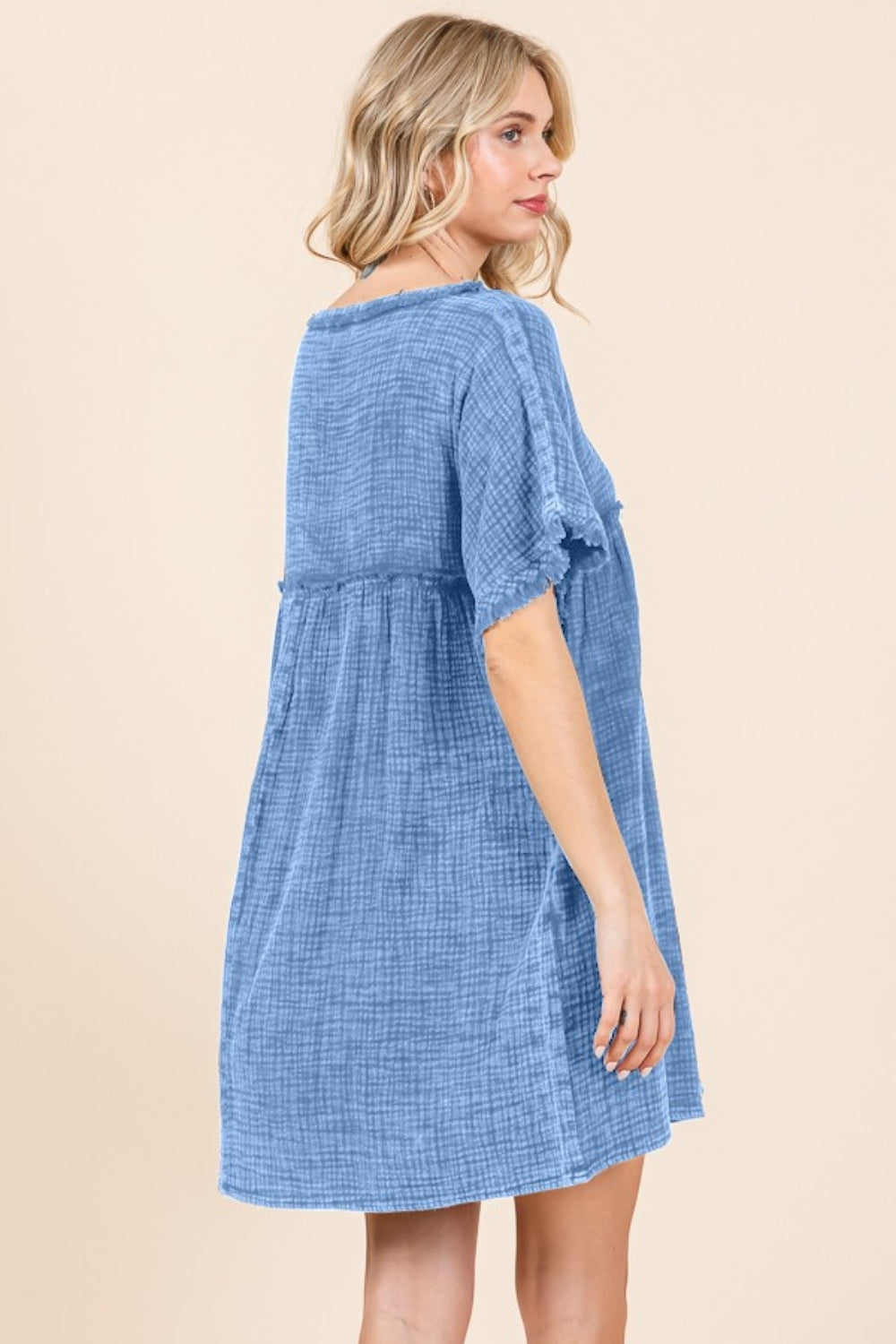 Full Size Short Sleeve Babydoll Texture Dress with Pockets