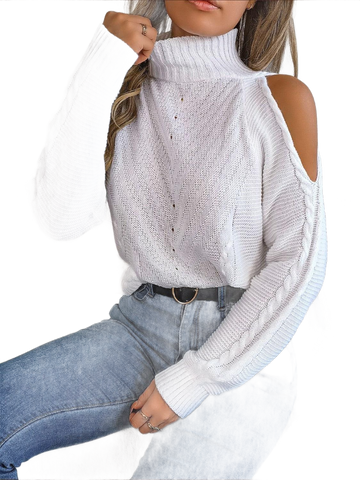 Cable-Knit Turtleneck Cold Shoulder Sweater