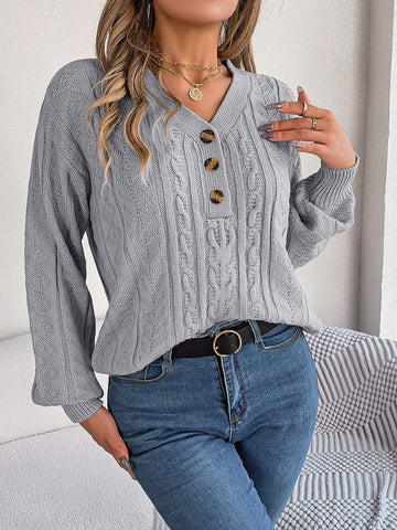 Cable-Knit V-Neck Long Sleeve Sweater