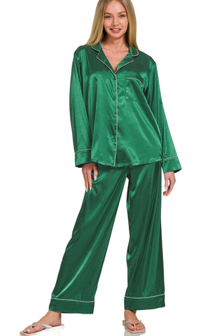 Satin Long Sleeve Shirt and Pants Pajama Set