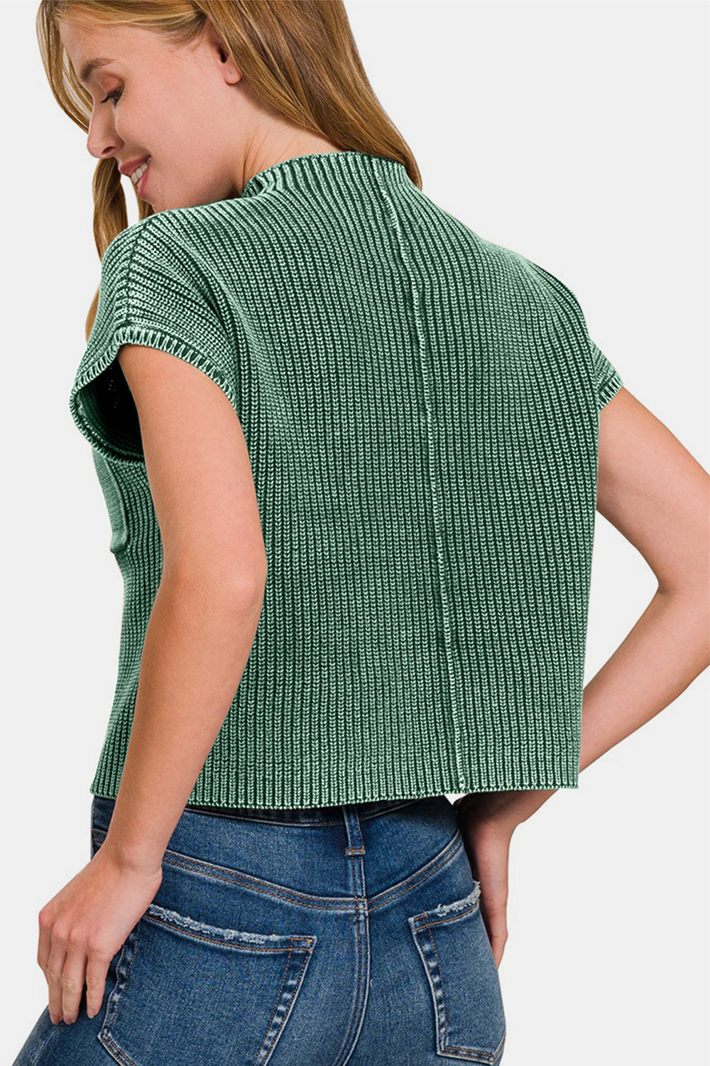 Washed Mock Neck Short Sleeve Cropped Sweater