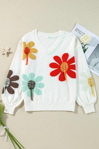 Flower V-Neck Dropped Shoulder Sweater