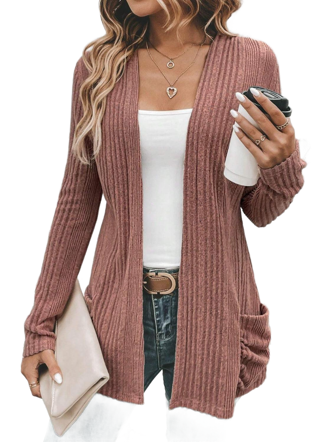 Ribbed Open Front Cardigan with Pockets