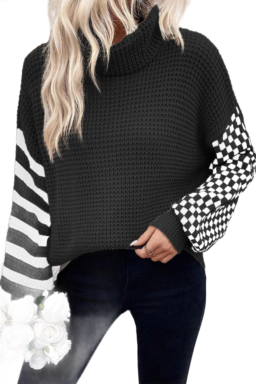 Checkered Striped Turtleneck Long Sleeve Sweater