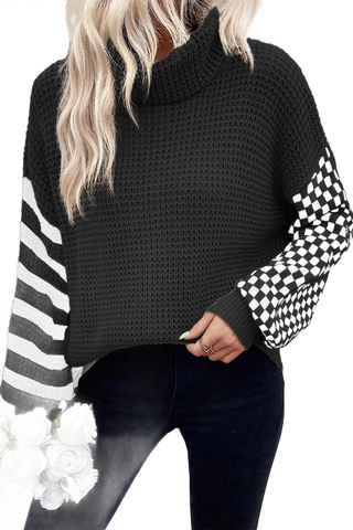 Checkered Striped Turtleneck Long Sleeve Sweater