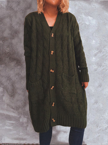 Button Up Cable-Knit Cardigan with Pockets