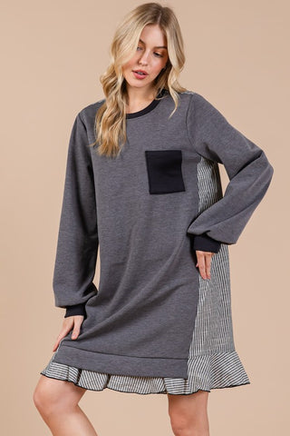 Striped Patchwork Round Neck Terry Sweatshirt Dress